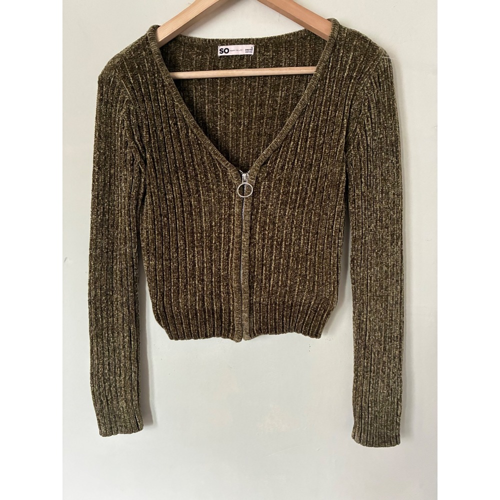 SO Olive Green Chenille Ribbed Full Zip Cropped Sweater S Minimalist
